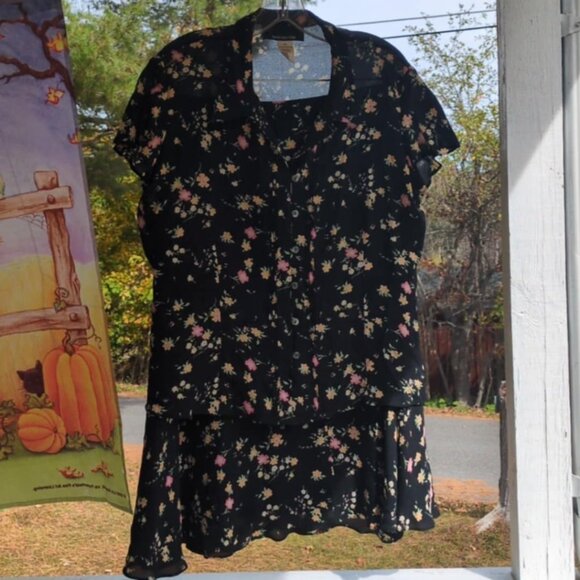 Jones New York Skirt Set Sz 14 100% Silk Sleeveless Top Dark Floral Dainty Femin - Picture 1 of 11